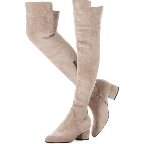 Women Beige\2 Ihch Suede Over the Knee Thigh High Chunky Block Heel Boots - Picture 1 of 9